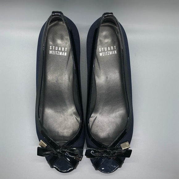 Stuart Weitzman Peep Toe Bow Heels in Dark Blue - Picture 1 of 7